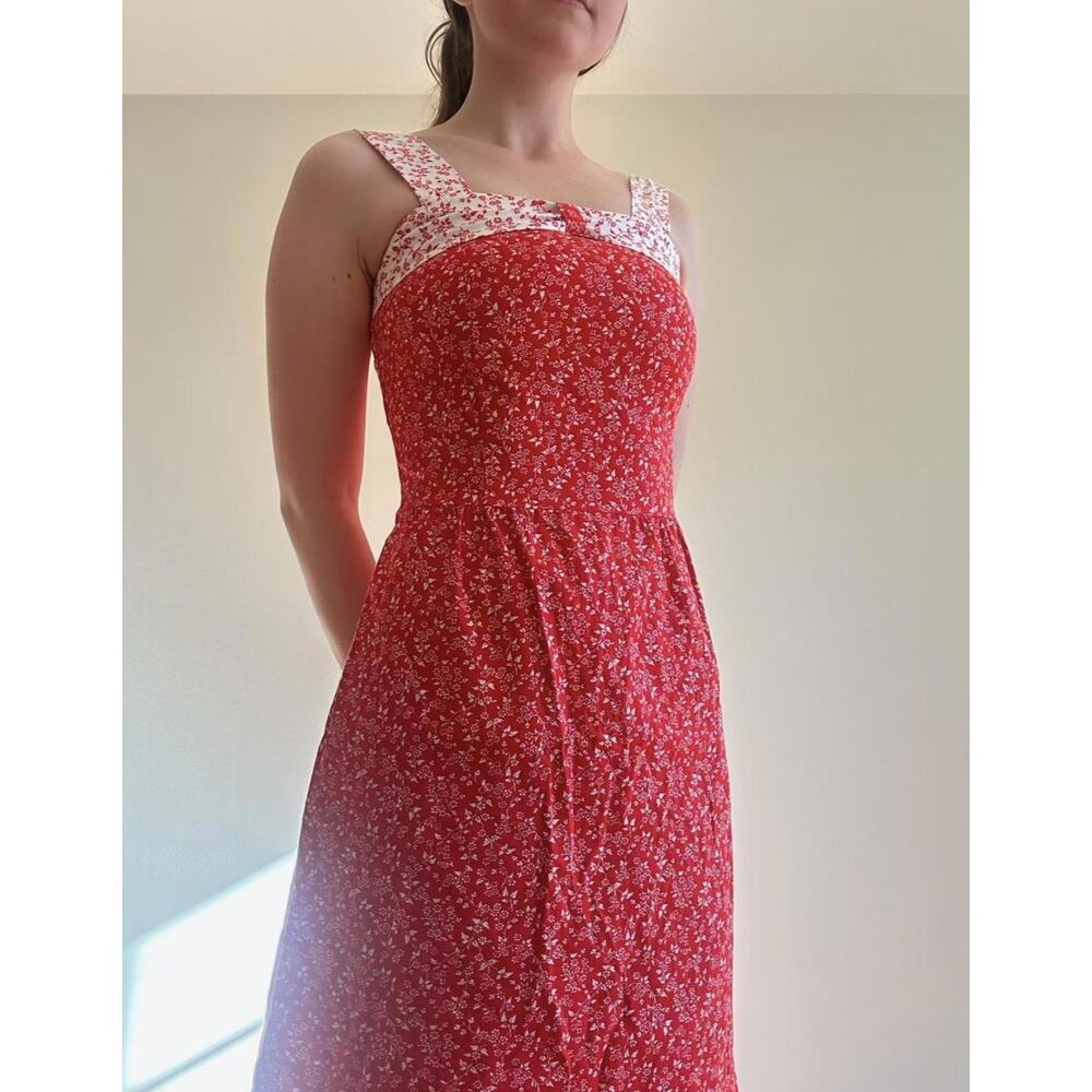 Red and White Handmade Floral Prairie Mini Dress - Picture 6 of 6